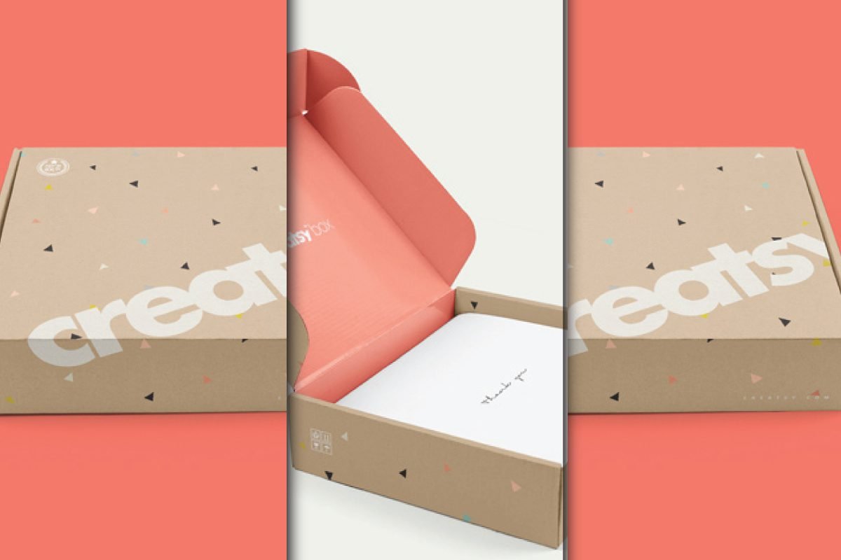 Cardboard Mailing Box Packaging and Label Mockup PSD showing three views of a brown cardboard box with an abstract triangle pattern; one is open revealing a thank you card inside.