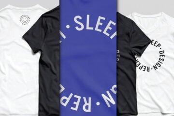 V-Neck T-Shirt Mockup PSD Front and Back View displaying white and black t-shirts with circular text designs, including a blue central panel with large white text.