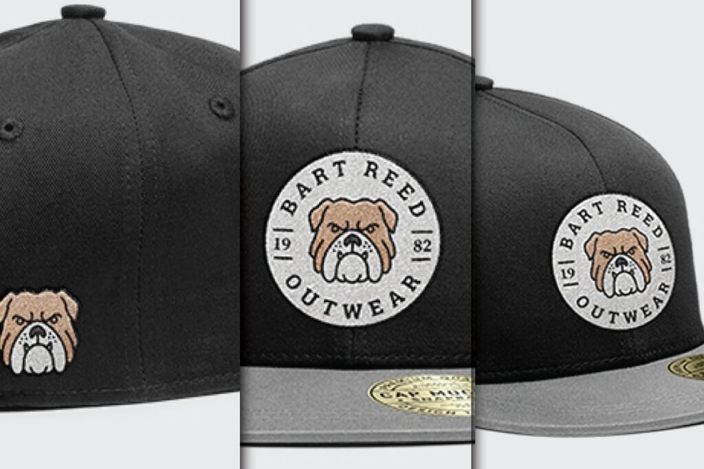 Embroidered Streetwear Cap Mockup PSD Front and Back View showing a black cap with a gray brim and a bulldog logo, displaying both the main and smaller back embroidery.