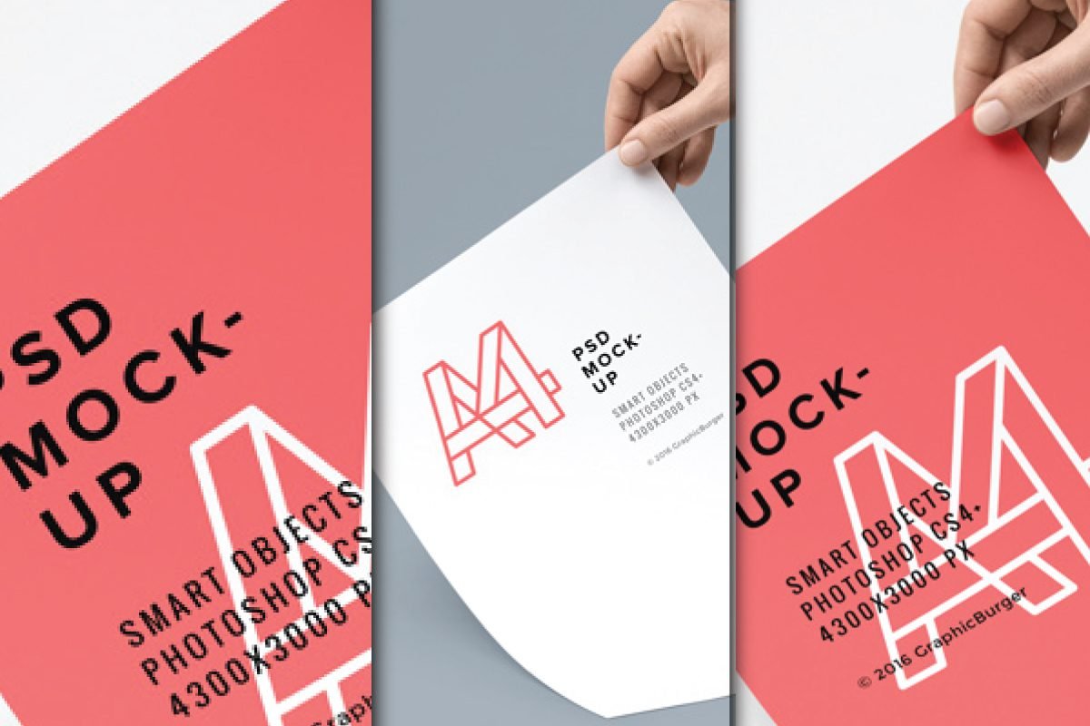 Professional A4 Paper Mockup PSD showing three perspectives of A4 paper sheets; one is being held, while the others are flat with red backgrounds and white outline text and A4 logo.