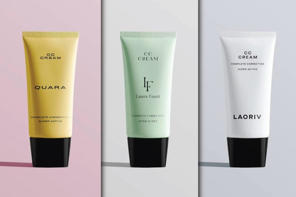 Three cosmetic Cream Tubes Mockup are displayed vertically. From left to right: a yellow tube for "QUARA" CC Cream, a light green tube for "Laura Faust" CC Cream, and a white tube for "LAORIV" CC Cream. All tubes have black caps.