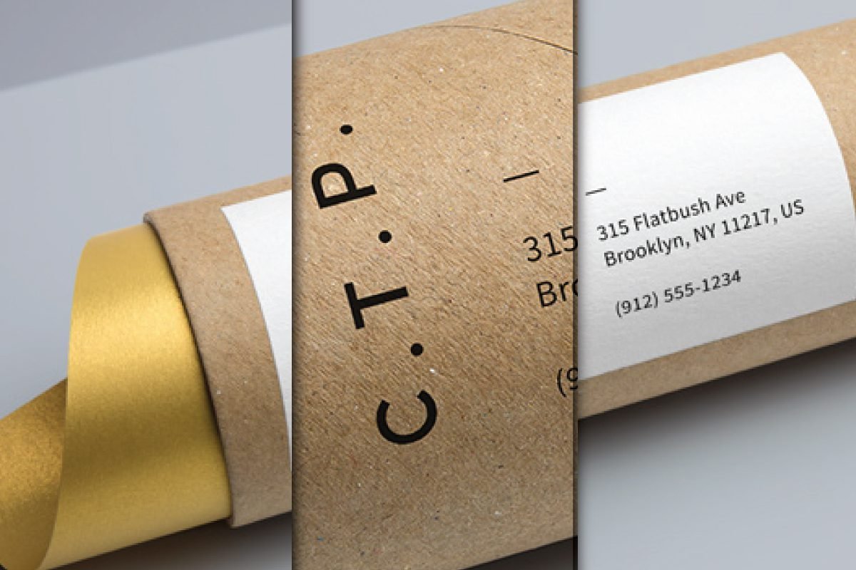 Realistic Cardboard Foil Tube Packaging Mockup PSD showing three views of a brown cardboard tube with a white label for an address, and gold foil visible at one end.