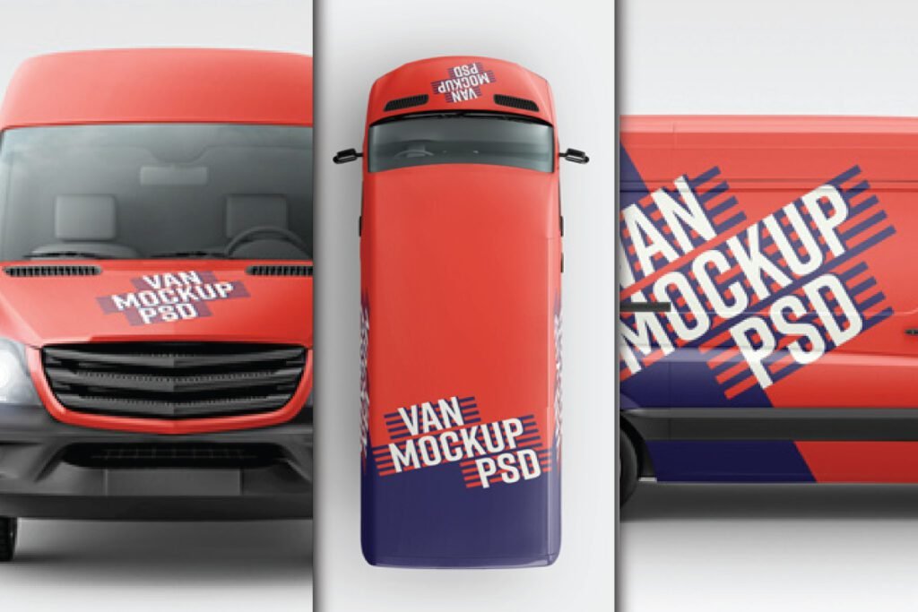 Multiple Angle Van Wrap Mockup PSD displaying front, top, and side views of a red van with blue and red graphics.