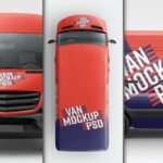 Multiple Angle Van Wrap Mockup PSD displaying front, top, and side views of a red van with blue and red graphics.