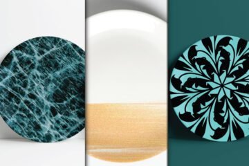Best Realistic Ceramic Plate Wrap Mockup PSD displays three round plates with different designs: a blue marble pattern, a white and gold textured pattern, and a black floral pattern on a teal background.