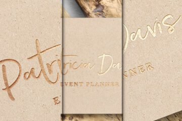 Best Gold Foil Cardboard Texture Business Card Mockup PSD showing three close-up views of a brown cardboard surface with embossed gold text.