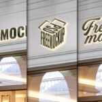 Premium Shop Wall Logo Mockup PSD displays three distinct views of a shop facade with glowing 3D signage, featuring text like PSD FREEMOC and Free mockup.