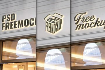 Premium Shop Wall Logo Mockup PSD displays three distinct views of a shop facade with glowing 3D signage, featuring text like PSD FREEMOC and Free mockup.