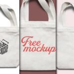 Small White Fabric Tote Bag Mockup PSD showing three tote bags; one with a black box logo, one with red Free mockup text, and one blank.