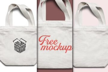 Small White Fabric Tote Bag Mockup PSD showing three tote bags; one with a black box logo, one with red Free mockup text, and one blank.