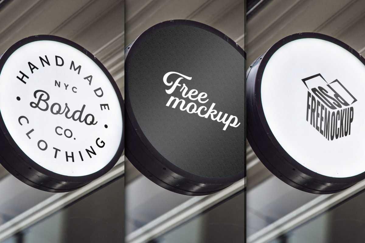 Round Hanging Wall Sign Mockup PSD displaying three circular signs. One features a white background with a black Bordo Clothing Co. logo. Another is black with white Free mockup text. The third has a white background with a black PSD FREEMOCKUP box logo.