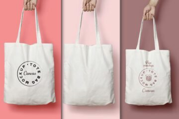 Lifestyle Canvas Tote Bag Mockup PSD displays three hands holding plain white canvas tote bags against varying pink and brown backgrounds. One bag has a black circular logo, another is blank, and the third shows a brown version of the logo with Free mockup text.