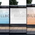Three panels of a bus stop billboard mockup showing different colors and text overlays.