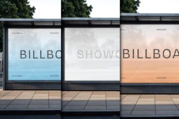 Three panels of a bus stop billboard mockup showing different colors and text overlays.