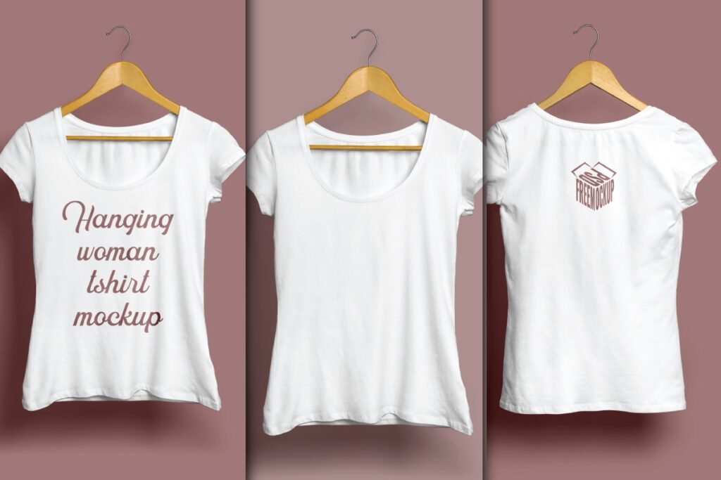 Hanging Women’s T-Shirt Mockup PSD displays three white women's t-shirts hanging on wooden hangers against a brown background. One shirt has red text, one is blank, and the third shows a brown box logo on the back.