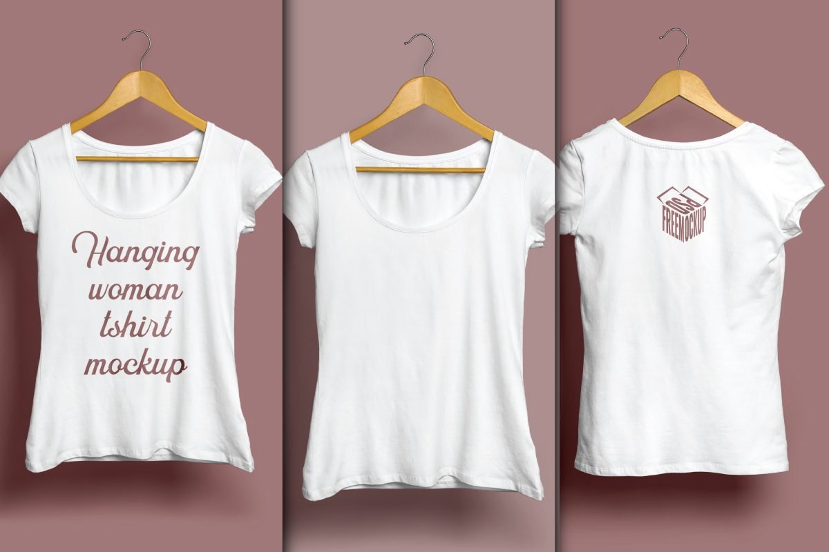 Hanging Women’s T-Shirt Mockup PSD displays three white women's t-shirts hanging on wooden hangers against a brown background. One shirt has red text, one is blank, and the third shows a brown box logo on the back.