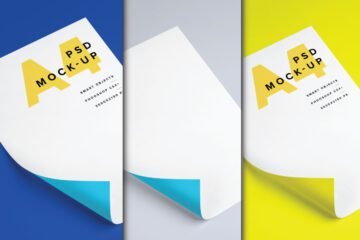 A4 paper mockup PSD for letterhead and resume displays two A4 sheets, one with a yellow A4 logo and black text on a bright yellow background, and the other plain white with a light blue underside on a gray background.