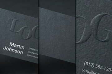 Hand Holding Matte Black Embossed Business Card Mockup PSD showing a hand holding a matte black business card with an embossed LOGO design, next to a close-up view of the textured card.