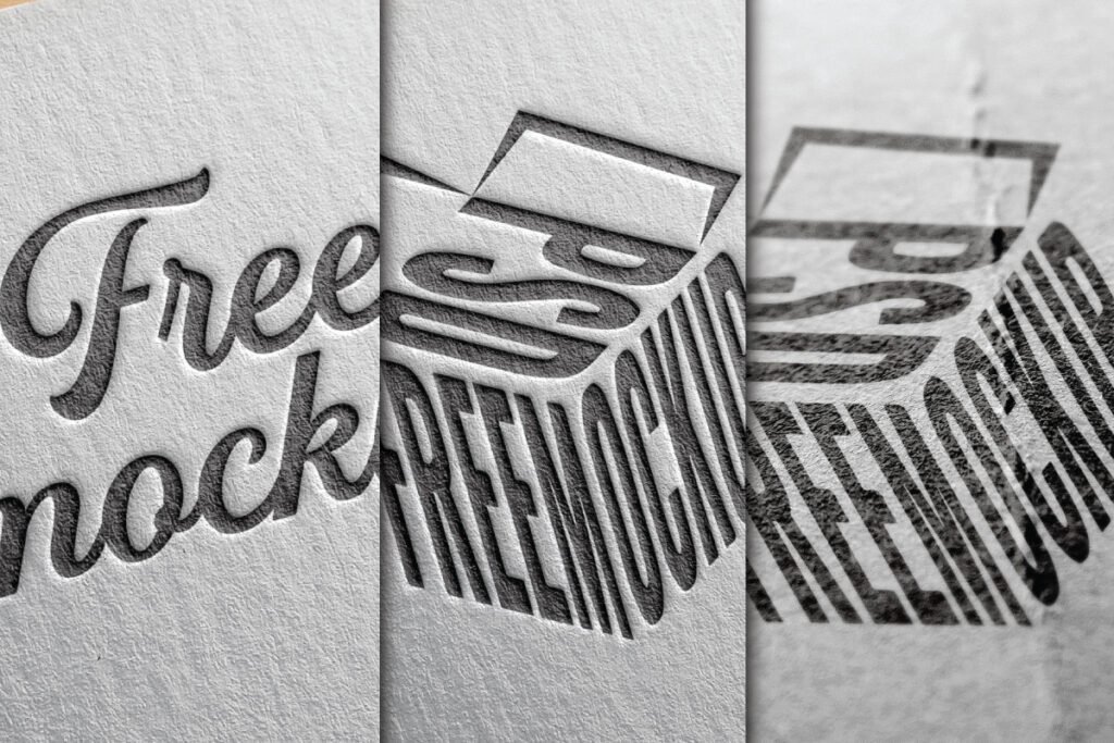Paper Edition Logo Mockup PSD featuring three different paper textures with embossed designs. One has a dark gray Free mockup text. Another has a 3D box shape with PSD FREEMOCKUP. The third shows a subtle embossed logo with horizontal lines.