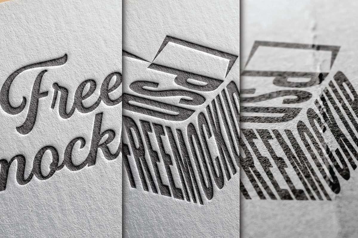 Paper Edition Logo Mockup PSD featuring three different paper textures with embossed designs. One has a dark gray Free mockup text. Another has a 3D box shape with PSD FREEMOCKUP. The third shows a subtle embossed logo with horizontal lines.