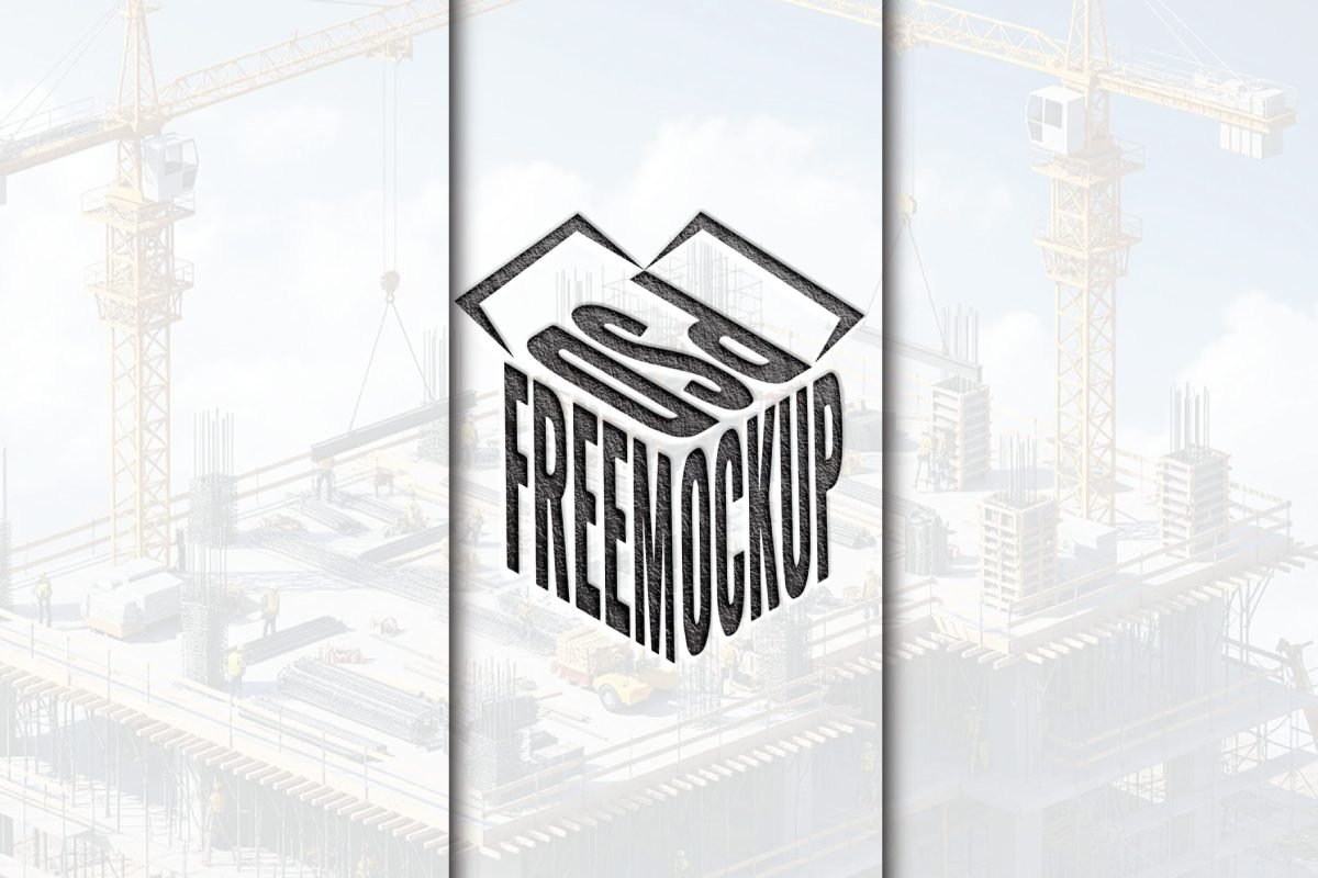 Construction Logo Mockup PSD for Professional Branding features a large 3D PSD FREEMOCKUP box logo prominently displayed against a blurred background of a construction site with cranes and building foundations.