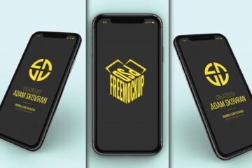 Best iPhone X Screen Mockup PSD showcases three black iPhone models displaying different screen designs. The phones are angled against a light blue background.