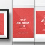 Simple White and Black Artwork Frame Mockups PSD shows three frame mockups. On the left, a black framed artwork with red crumpled paper texture reads YOUR ARTWORK HERE. In the center, a white frame displays the same red artwork. On the right, a white frame with a thick border holds the red artwork.