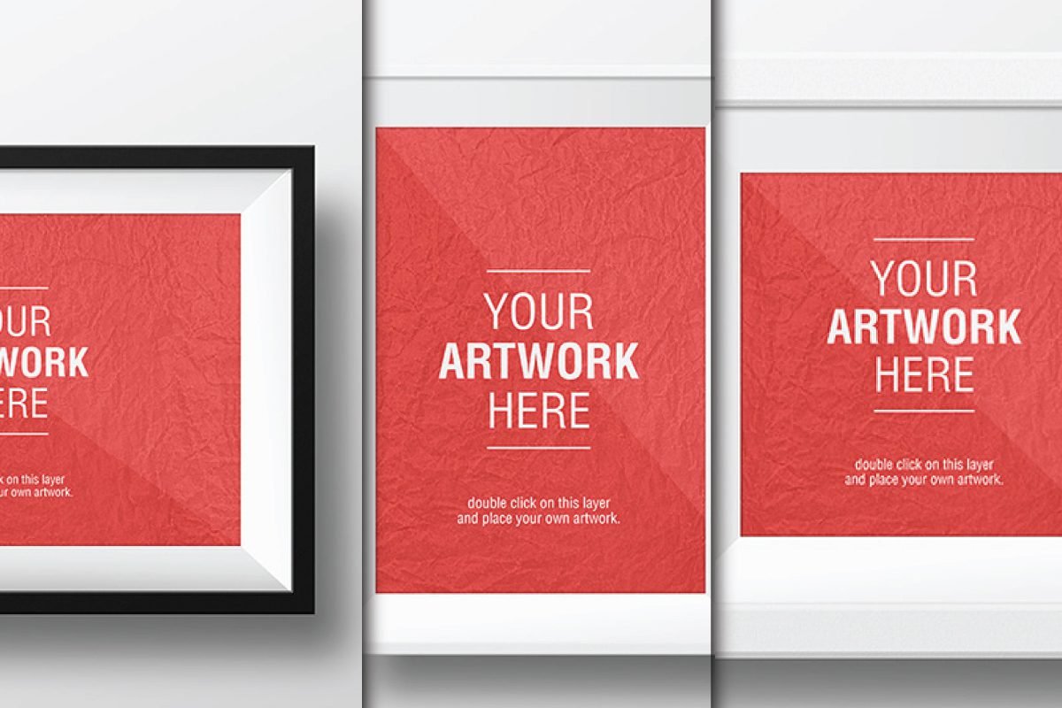 Simple White and Black Artwork Frame Mockups PSD shows three frame mockups. On the left, a black framed artwork with red crumpled paper texture reads YOUR ARTWORK HERE. In the center, a white frame displays the same red artwork. On the right, a white frame with a thick border holds the red artwork.