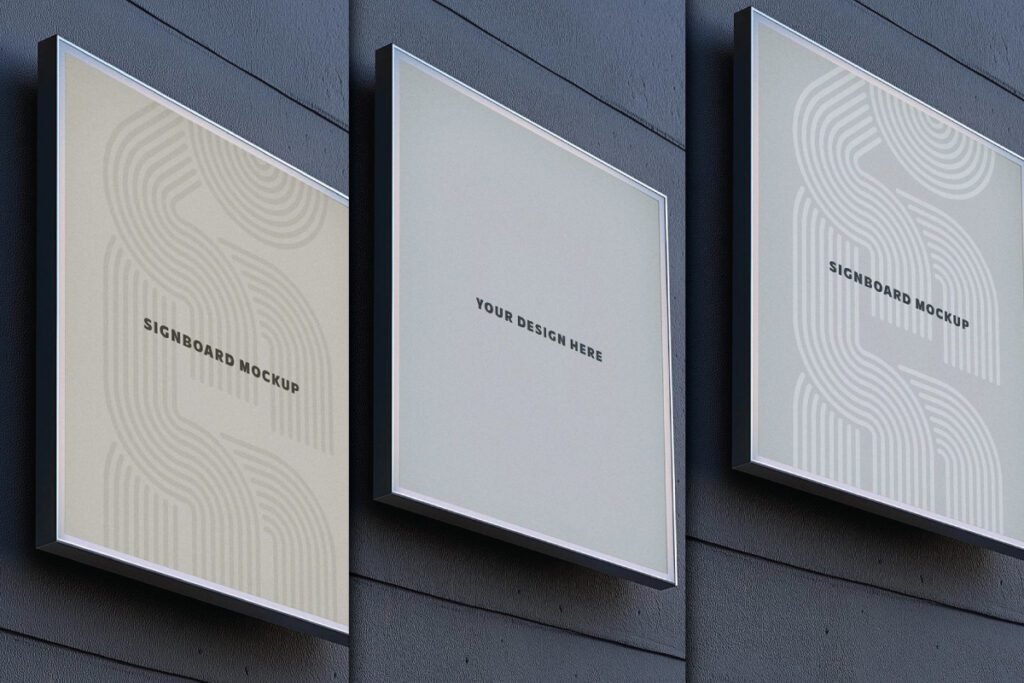 Three square hotel signboard mockups are mounted on a dark textured wall.