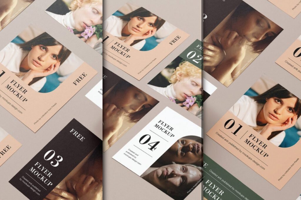 A layered display of square social media post and flyer mockups, featuring diverse portrait photography and text like FLYER MOCKUP, with some labeled FREE.