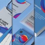 A multi-panel Stationery Mockup featuring a hanging tag, a booklet, a transparent cello-wrapped item, and a paperback book, all with abstract blue and red designs, on a blue background.