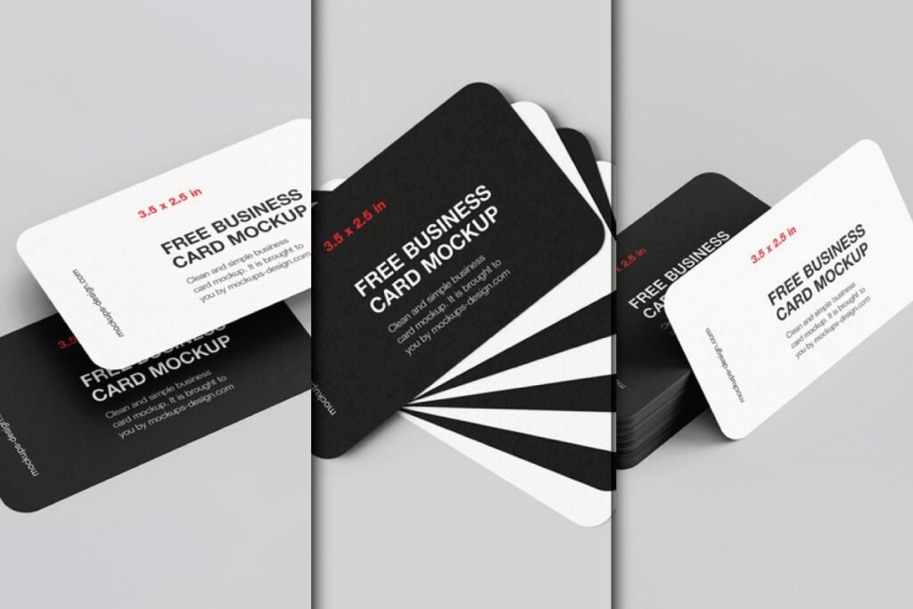 A display of rounded corner business card mockups in black and white, arranged in various stacks and spreads. Each card shows Free Business Card Mockup and dimensions.