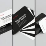 A display of rounded corner business card mockups in black and white, arranged in various stacks and spreads. Each card shows Free Business Card Mockup and dimensions.