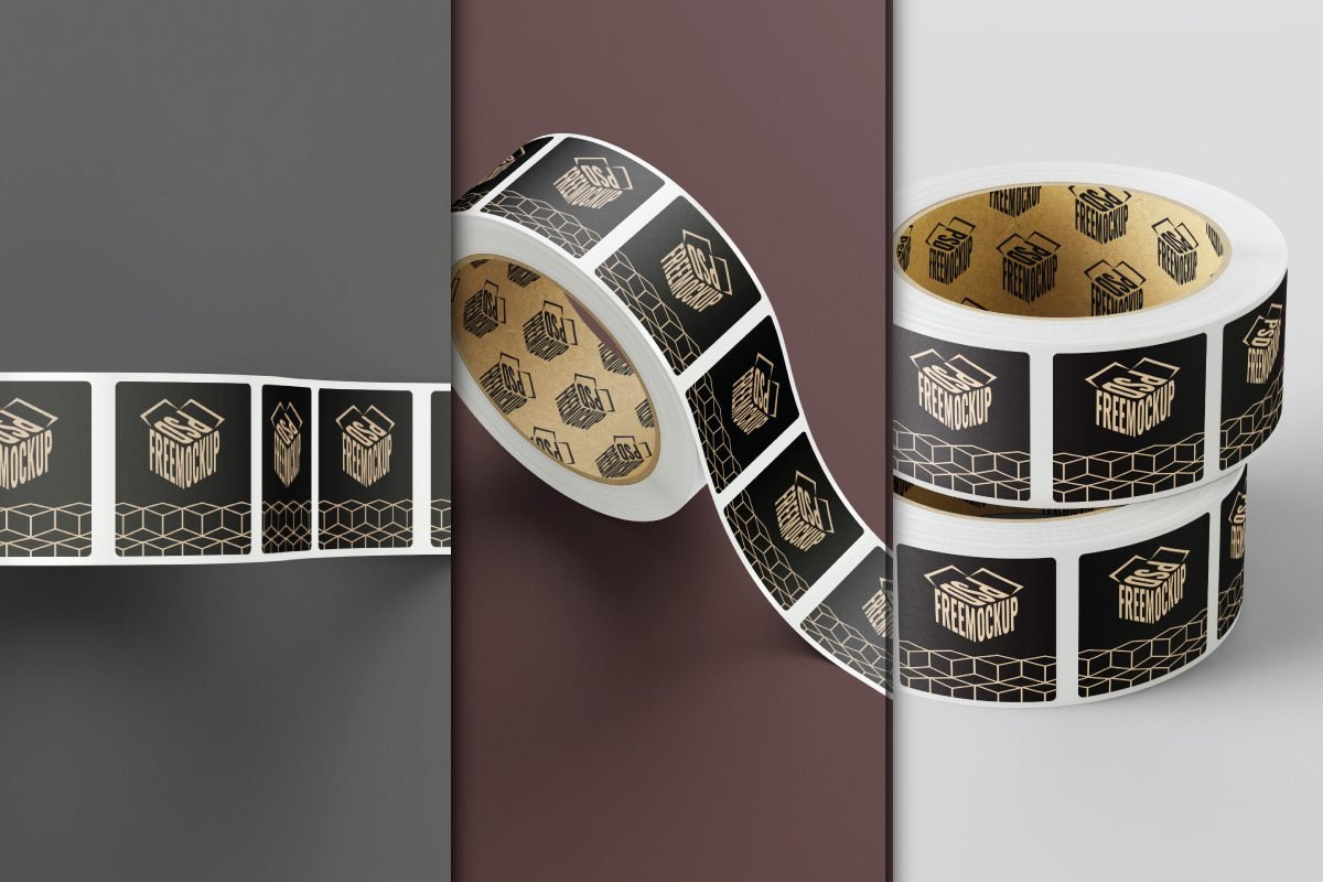 Three views of square sticker rolls with black and gold designs, showing strips unrolling and stacked rolls.