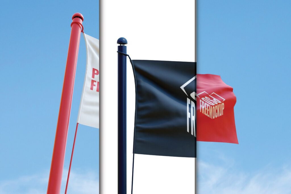 A waving flag with sky background mockup PSD shows two flags on poles against a blue sky. One is a solid black flag with a logo, while the other is a red flag with a free mockup text. There is also a white flag with red text.