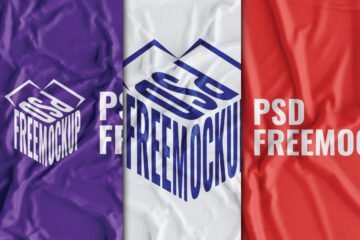 A wrinkled fabric texture mockup PSD displays a purple and white crumpled fabric with a white PSD FREEMOCKUP box logo, along with a red wrinkled fabric with a white PSD FREEMOCKUP logo.