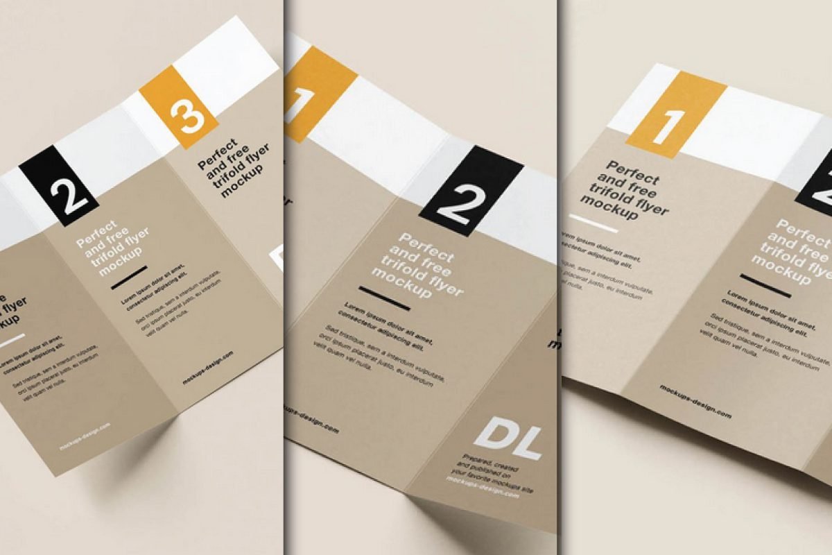 A DL size flyer mockup PSD with a tri-fold layout displays an open flyer with three sections. The flyer has a modern design with orange, black, and white blocks, along with placeholder text.