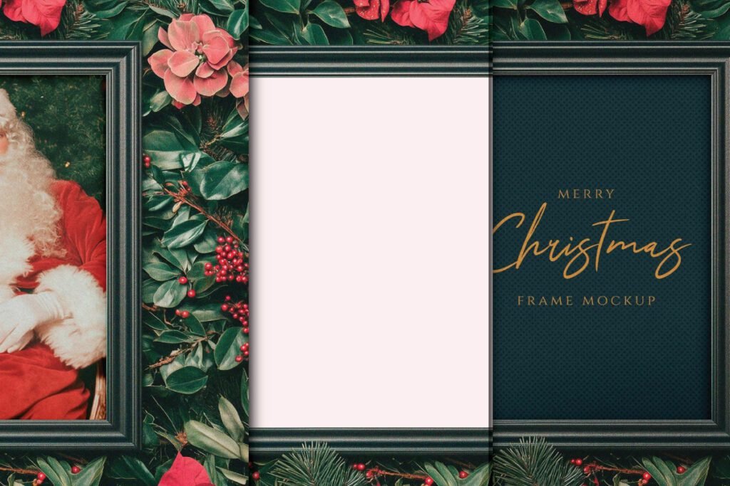 A multi-panel Christmas frame mockup. The left panel shows a portrait of Santa Claus in a black frame. The middle panel is a blank white space. The right panel shows a dark green textured background with gold "Merry Christmas FRAME MOCKUP" text in a black frame. All panels are surrounded by festive greenery red berries and pink and red flowers.
