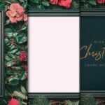 A multi-panel Christmas frame mockup. The left panel shows a portrait of Santa Claus in a black frame. The middle panel is a blank white space. The right panel shows a dark green textured background with gold "Merry Christmas FRAME MOCKUP" text in a black frame. All panels are surrounded by festive greenery red berries and pink and red flowers.