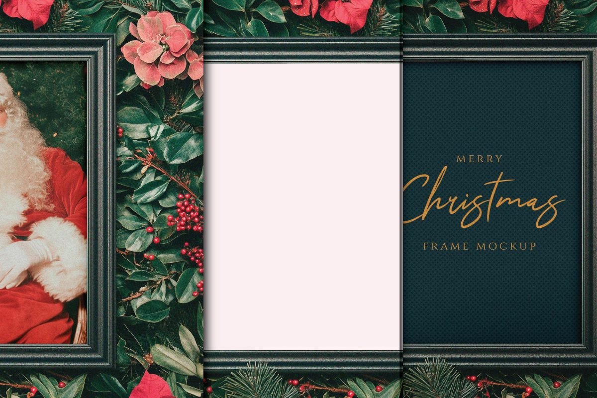 A multi-panel Christmas frame mockup. The left panel shows a portrait of Santa Claus in a black frame. The middle panel is a blank white space. The right panel shows a dark green textured background with gold "Merry Christmas FRAME MOCKUP" text in a black frame. All panels are surrounded by festive greenery red berries and pink and red flowers.
