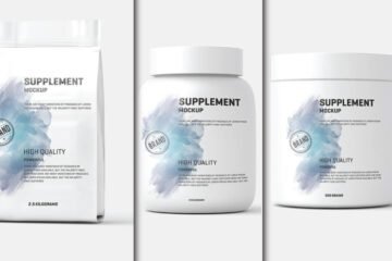 A collection of white supplement packaging including Jar, Bottles and Pouch