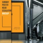 Subway Poster Mockup large orange advertisement near escalators in a subway station with black lines and text indicating where to place design