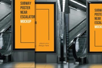 Subway Poster Mockup large orange advertisement near escalators in a subway station with black lines and text indicating where to place design