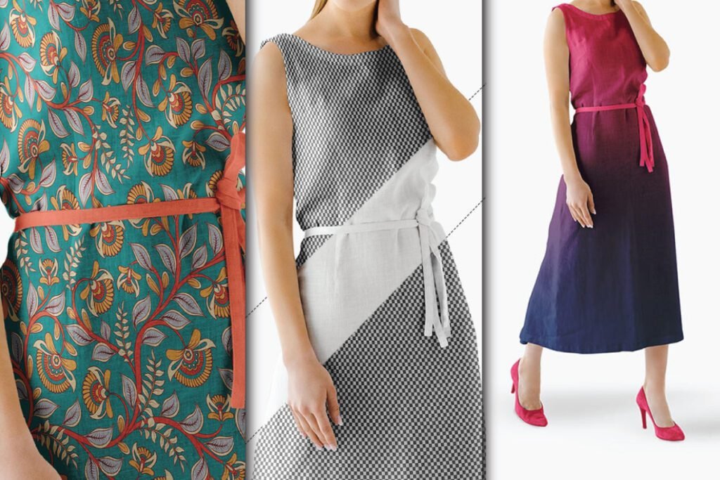 Three images showing Women Dress Mockup in sleeveless dresses two with various patterns and one with an ombre effect