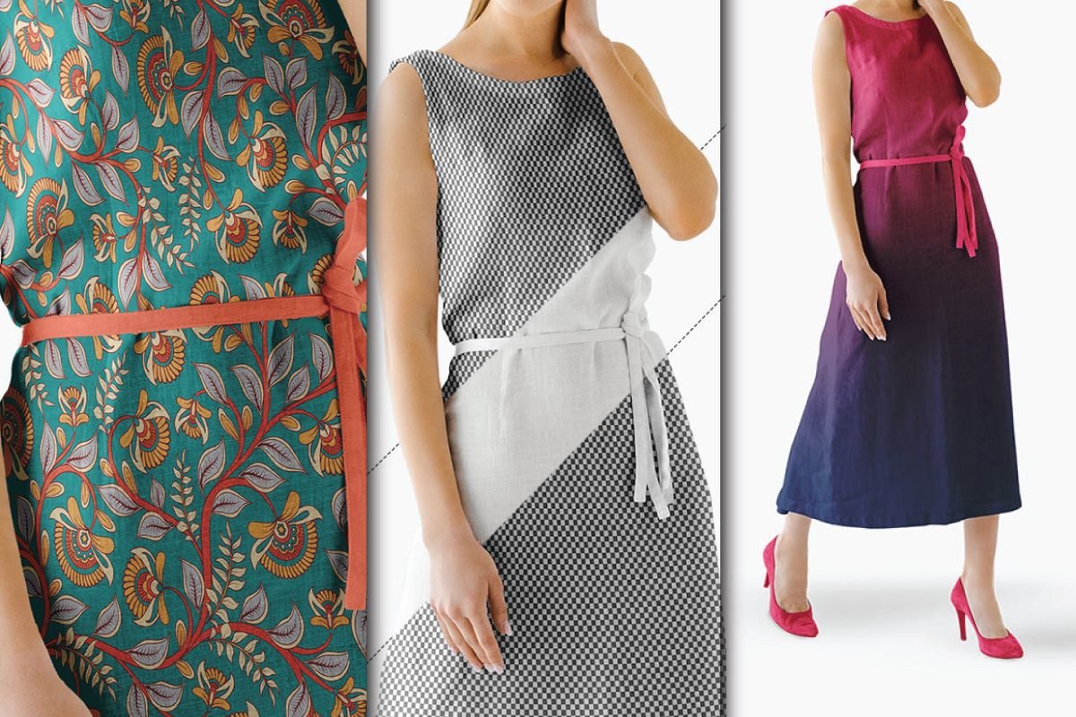 Three images showing Women Dress Mockup in sleeveless dresses two with various patterns and one with an ombre effect