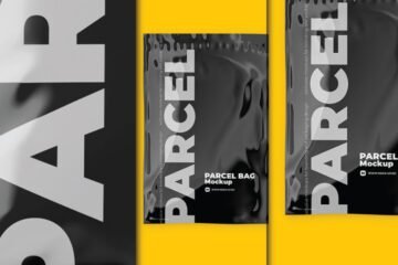 Three dark gray parcel bags mockup with "PARCEL" text on them, set against a yellow background.