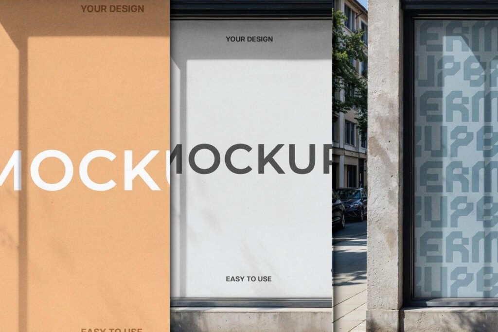 Three storefront signs or banners two blank for design and one with a patterned text.