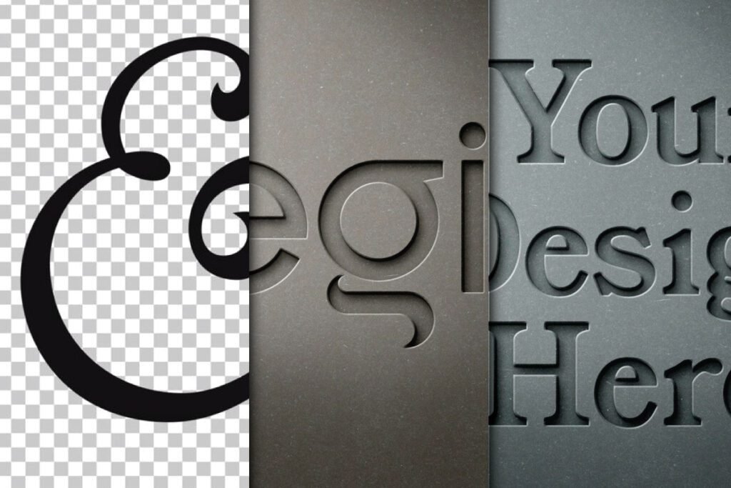Three panels showing different text effects one a transparent ampersand a cut-out paper mockup