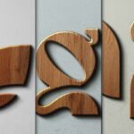 A close-up triptych showcasing portions of a wooden logo, ideal for a Wooden Sign Logo Mockup. The panels feature raised, polished wood letters against a textured, light gray background, suggesting a natural and elegant branding solution.