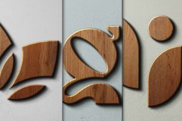 A close-up triptych showcasing portions of a wooden logo, ideal for a Wooden Sign Logo Mockup. The panels feature raised, polished wood letters against a textured, light gray background, suggesting a natural and elegant branding solution.